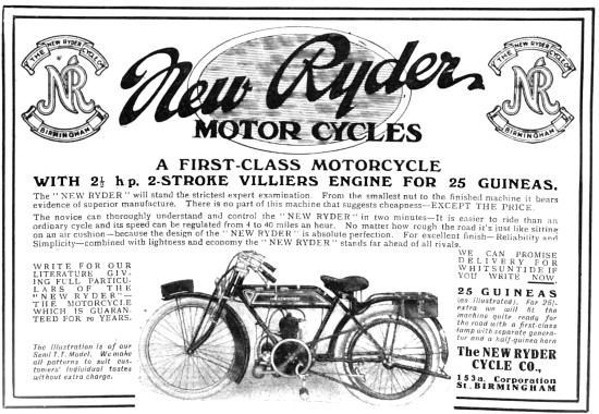 1914 New Ryder 2.5 HP 2-Stroke Motor Cycle                       