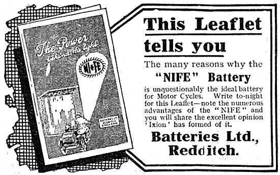 Nife Motorcycle Batteries 1925 Advert                            