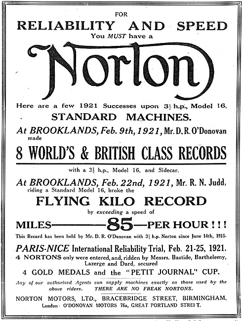 Norton Motor Cycle Advert 1921 Competition Successes             