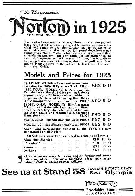Norton Motor Cycle Models & Prices For 1925                      