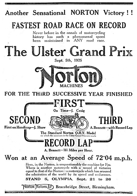 1925 Norton Motor Cycle Road Racing Successes                    