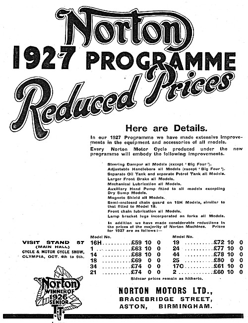 Norton 1926 Models Price List                                    