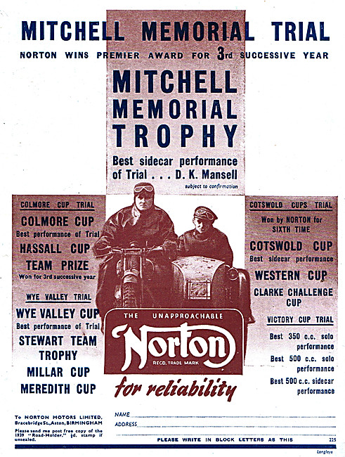 Norton Trials Motor Cycle Successes 1939                         