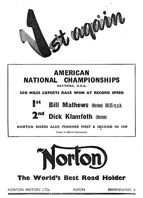 Norton Motor Cycle Successes At 1950 Daytona Experts Race        