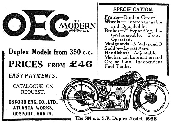 1926 OEC 500 cc S.V. Duplex Motor Cycle                          