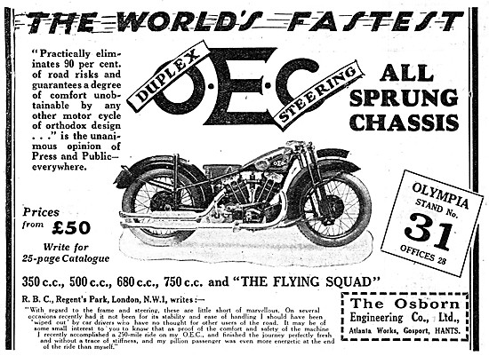 Osborne OEC Flying Squad - OEC Motor Cycle Range 1930 Advert     