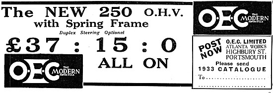 1933 OEC 250 cc OHV Spring Frame Motor Cycle                     
