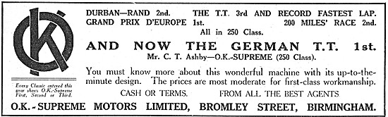 O.K.Supreme Motor Cycles Advert. 1927 250cc German TT Winner     