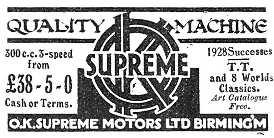 O.K.Supreme 500 cc Motor Cycle 1928 Advert                       