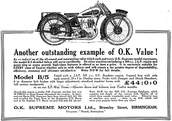 1929 O.K.Supreme JAP 500 cc  Motor Cycle                         