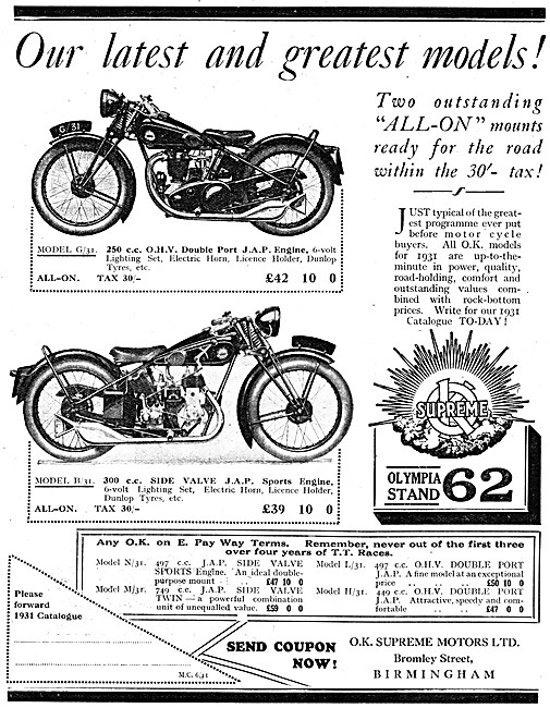 1930 O.K.Supreme B/31 300 cc Side Valve JAP Sports               