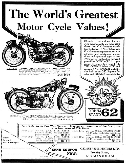 1931 O.K.Supreme Motor Cycles & Prices                           