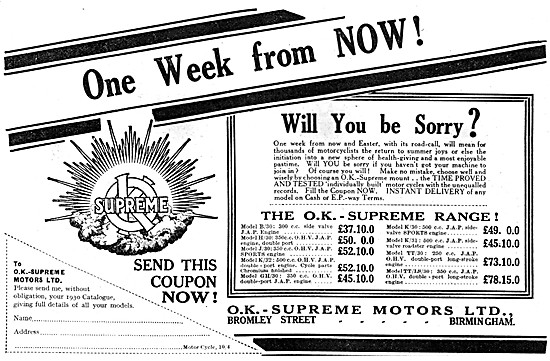 O.K.Supreme Motor Cycles 1930 Advert                             