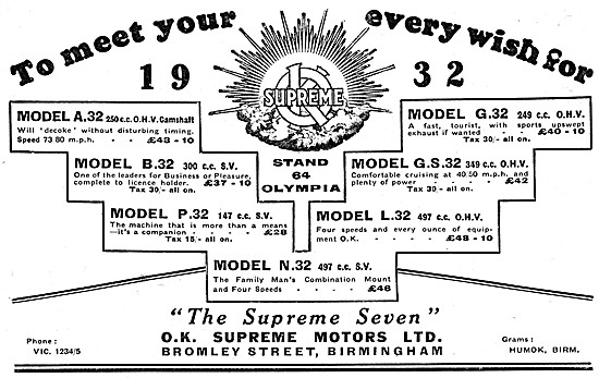 O.K.Supreme Motor Cycle Range For 1932                           