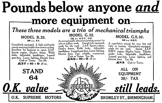 O.K.Supreme G.32 Motor Cycle Advert 1931                         