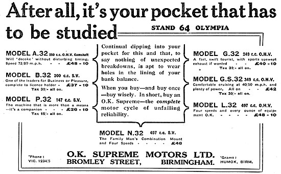 O.K.Supreme Model Range & Price List For 1932                    