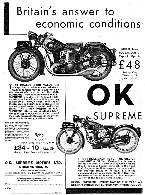 1933 O.K.Supreme Model L33 500 cc OHV Motor Cycle                