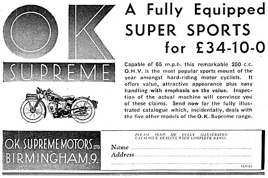 1933 O.K.Supreme 250 cc OHV Motor Cycle                          