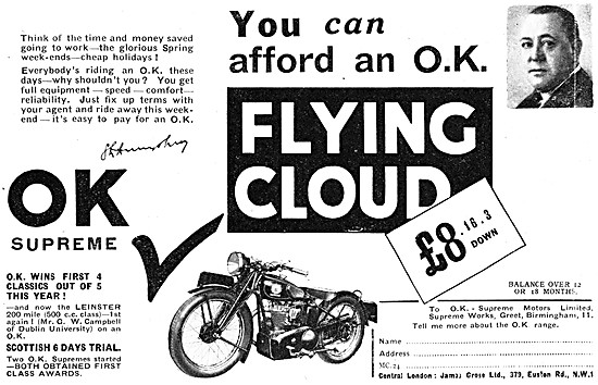 1934 O.K.Supreme Flying Cloud Motor Cycle                        