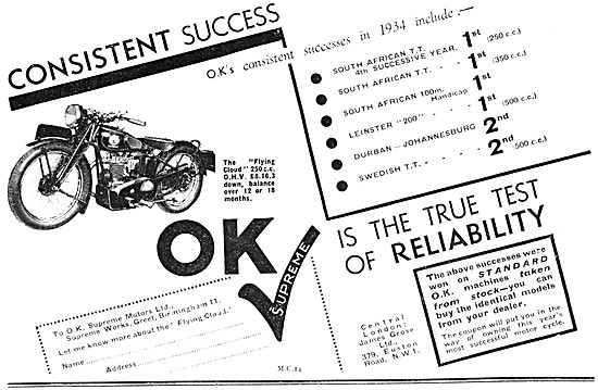 O.K.Supreme Flying Cloud Motor Cycle Advert 1934                 