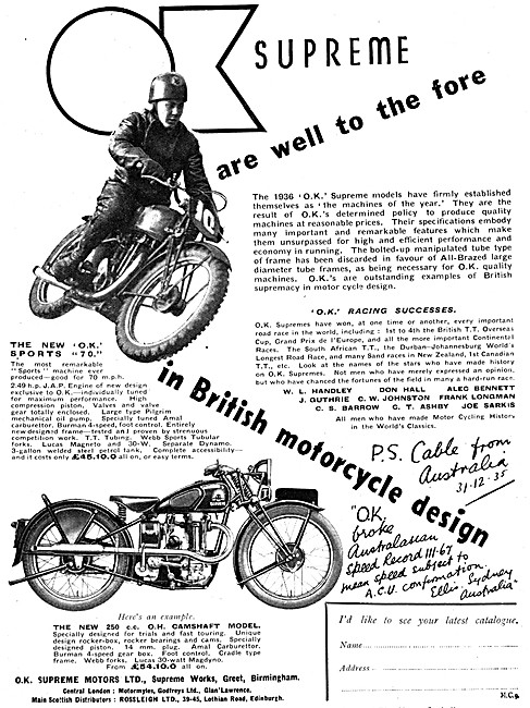 1936 O.K.Supreme Sports 70 Motor Cycle - 250cc OHC               