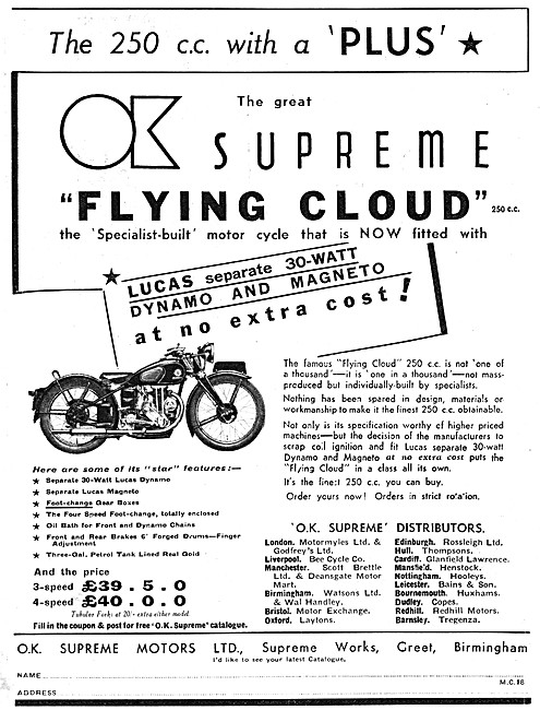 1936 O.K.Supreme 250 cc Flying Cloud Motor Cycle                 