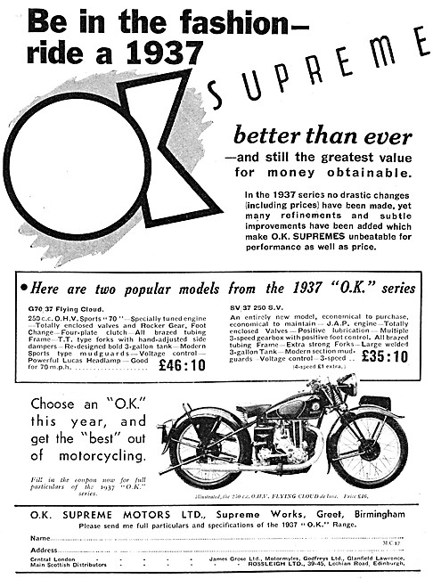1936 O.K.Supreme 250 cc Flying Cloud Motor Cycle                 