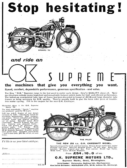 1936 O.K.Supreme 250 cc Pilot Motor Cycle                        