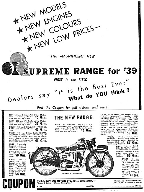 O.K.Supreme Motor Cycle Models 1938. OK Supreme Model BA/39 350  