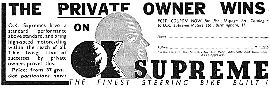 1939 O.K.Supreme Motor Cycles Advert                             