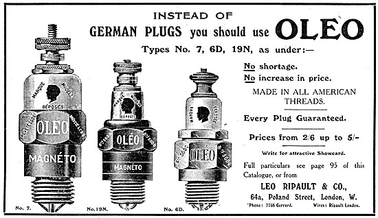 Oleo Motor Cycle Spark Plugs 1909                                