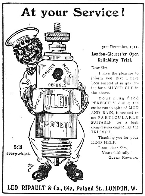 Oleo Motor Cycle Spark Plugs 1912 Advert                         