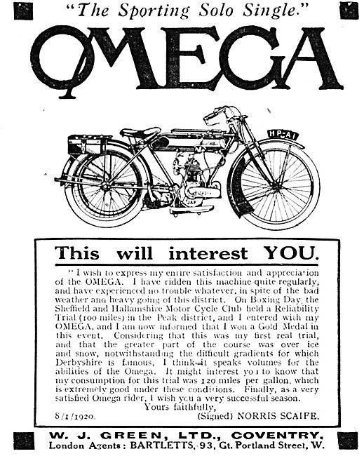1920 Omega Motor Cycles Advert                                   