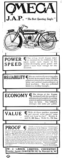 1920 Omega-JAP Motor Cycle Advert                                