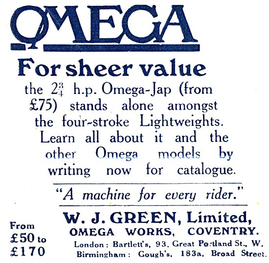1921 Omega-JAP Motor Cycle Advert                                
