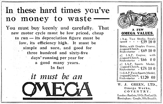 Omega Motor Cycle Model List for 1922                            