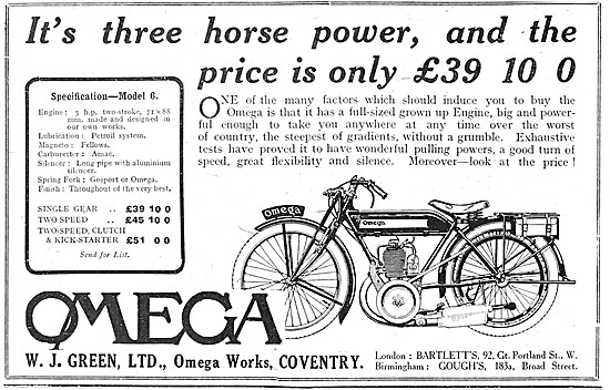 3 hp Omega Motor Cycles 1922 Advert                              