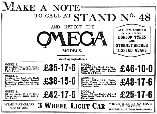 Omega Motor Cycles Full Model Range For 1926                     