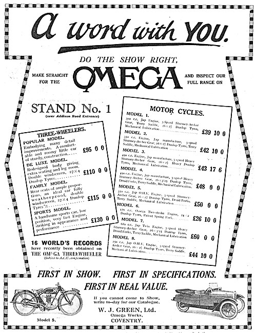 1926 Omega Model S Motor Cycle - Omega Three Wheeler Car Models  