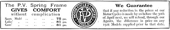 P.V. Spring Frame Motor Cycles 1921 Models                       