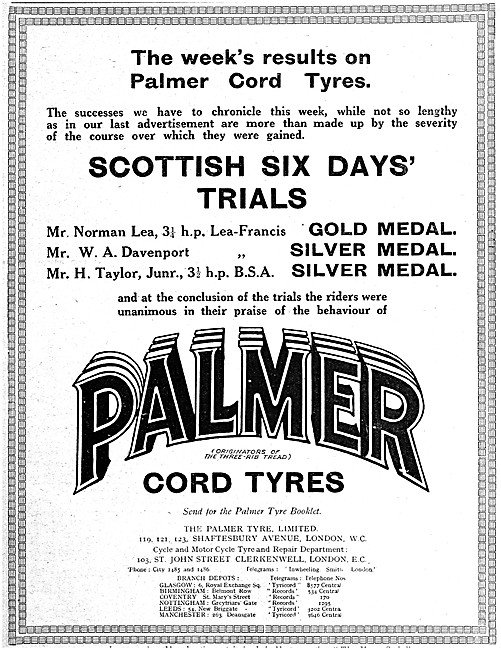 Palmer Tyres - Palmer Cord Motor Cycle Tyres 1914 Advert         