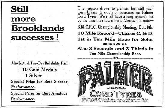 Palmer Motor Cycle Tyres - Palmer Cord Tyres 1920 Advert         