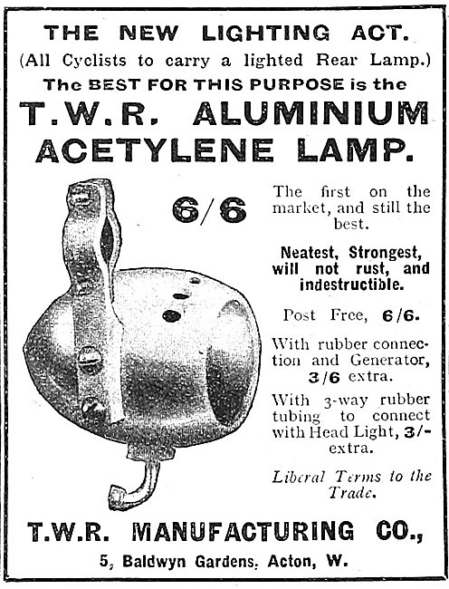 T.W.R.Aluminium Acetylene Motor Cycle Lamps 1914                 