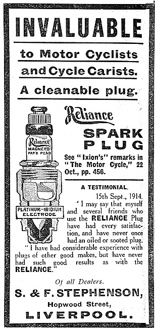 Reliance Spark Plugs 1914 Advert                                 