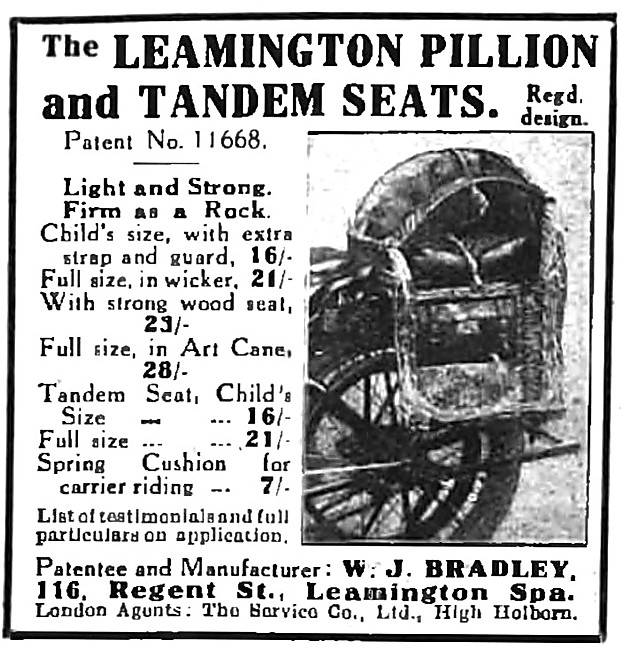 Leamington Pillion & Tandem Motor Cycle Seats. 1914 Advert       