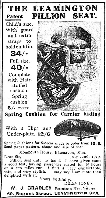 W.J.Bradley Leamington Motor Cycle Pillion Seat 1919 Advert      