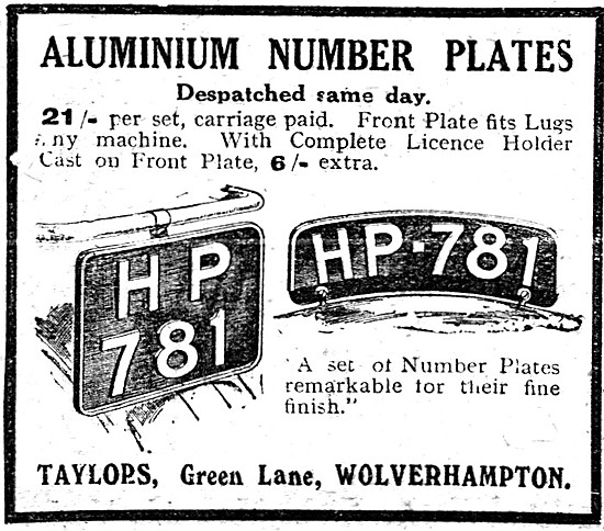 Taylors Aluminum Motor Cycle Number Plates 1921 Advert           
