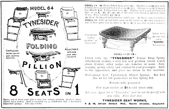 Tynesider Motor Cycle Folding Pillion Seats 1921                 