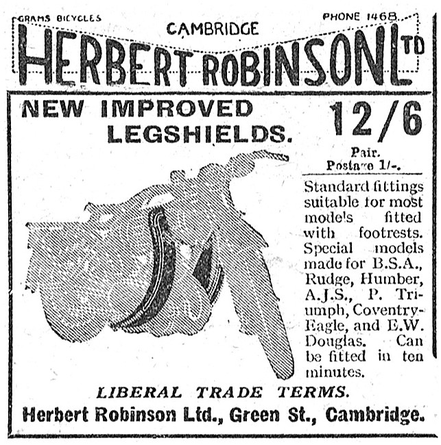 Herbert Robinson Motor Cycle Legshields 1926 Advert              