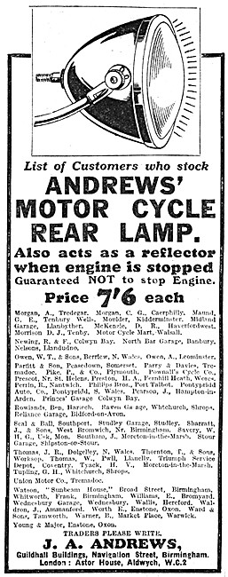Andrews Motor Cycle Rear Lamp 1927 Advert                        